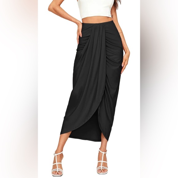 Women's Casual Slit Wrap Asymmetrical Elastic High Waist Maxi Draped Skirt - Picture 3 of 5